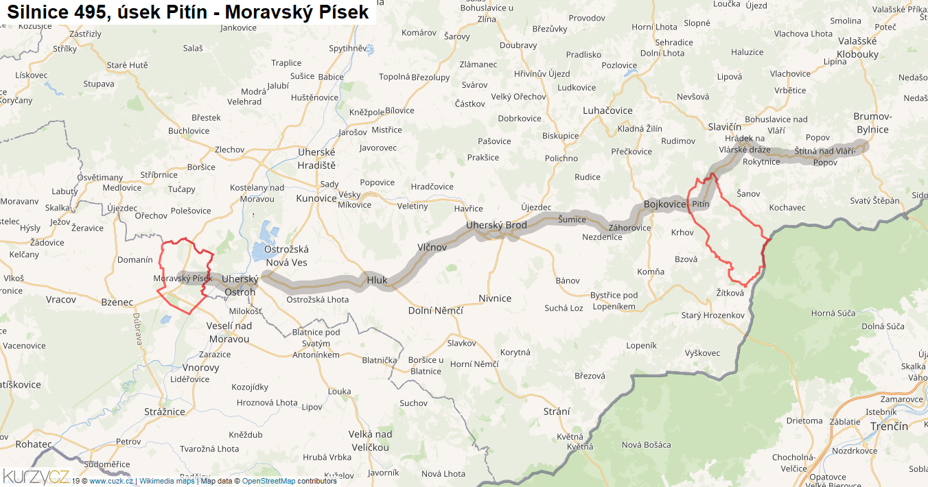 Úsek Pitín - Moravský Písek, Silnice 495 - Mapa