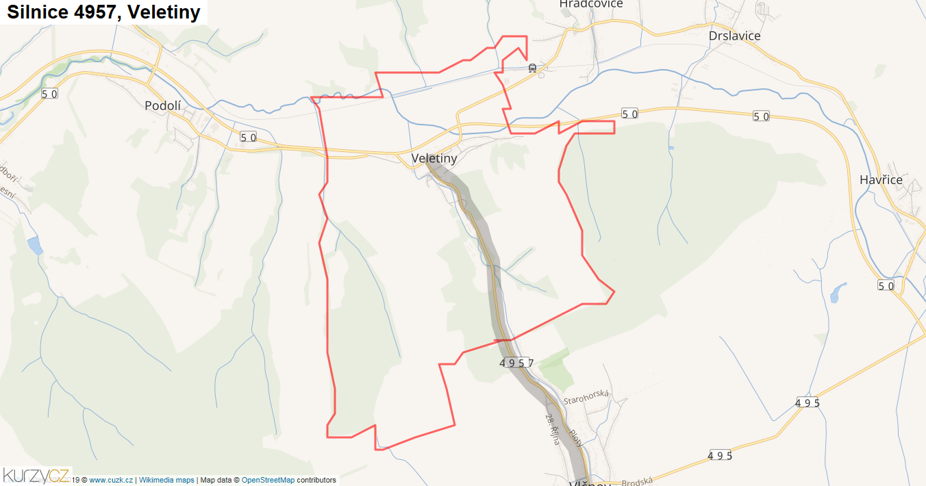 Veletiny, Silnice 4957 - Mapa