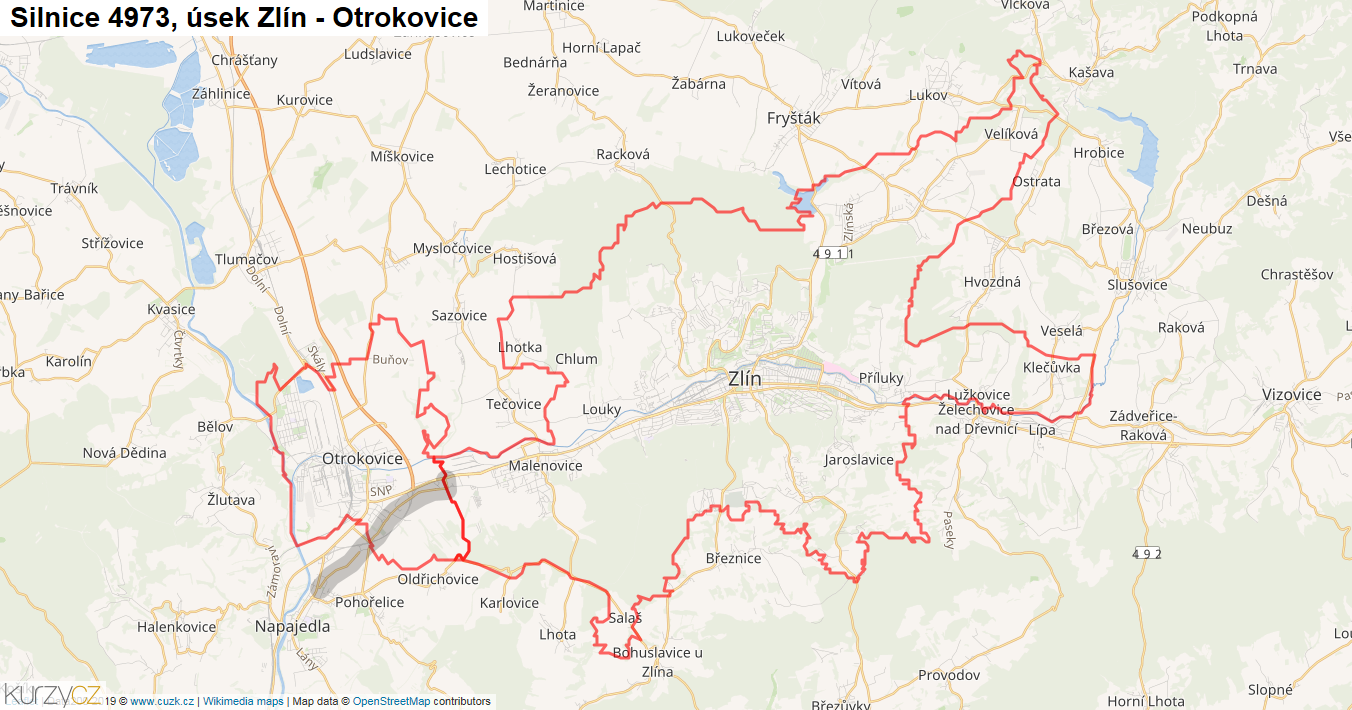 Úsek Zlín - Otrokovice, Silnice 4973 - Mapa