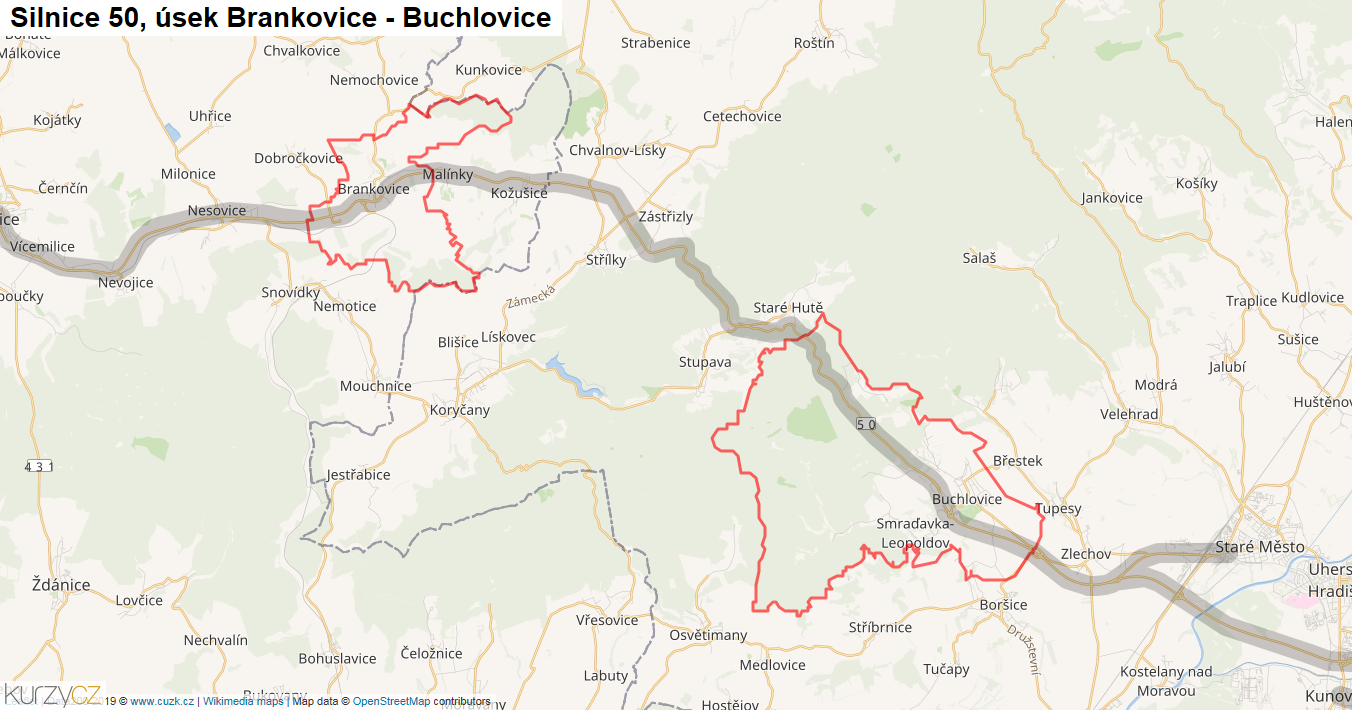 Úsek Brankovice - Buchlovice, Silnice 50 - Mapa