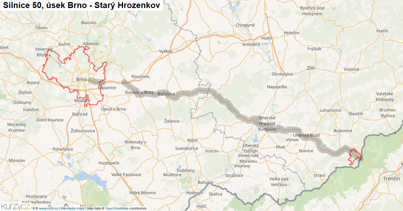 Úsek Brno - Starý Hrozenkov, Silnice 50 - Mapa