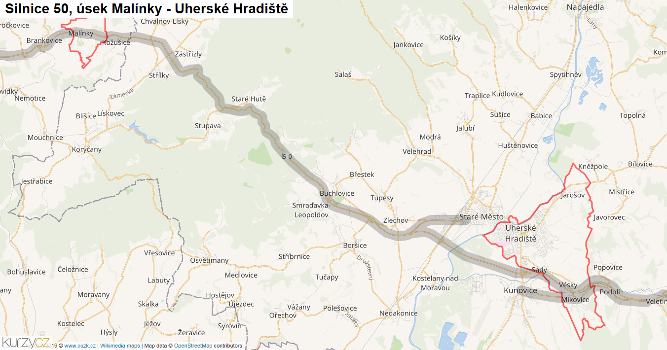 Úsek Malínky - Uherské Hradiště, Silnice 50 - Mapa