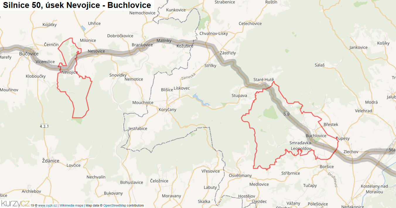 Úsek Nevojice - Buchlovice, Silnice 50 - Mapa