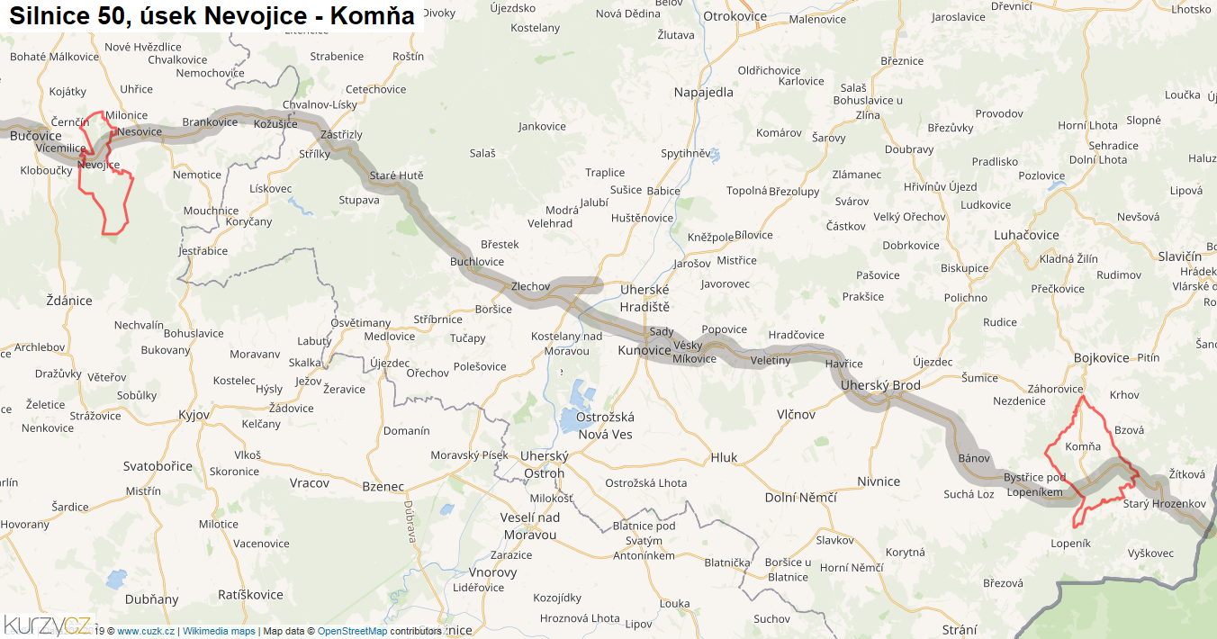 Úsek Nevojice - Komňa, Silnice 50 - Mapa