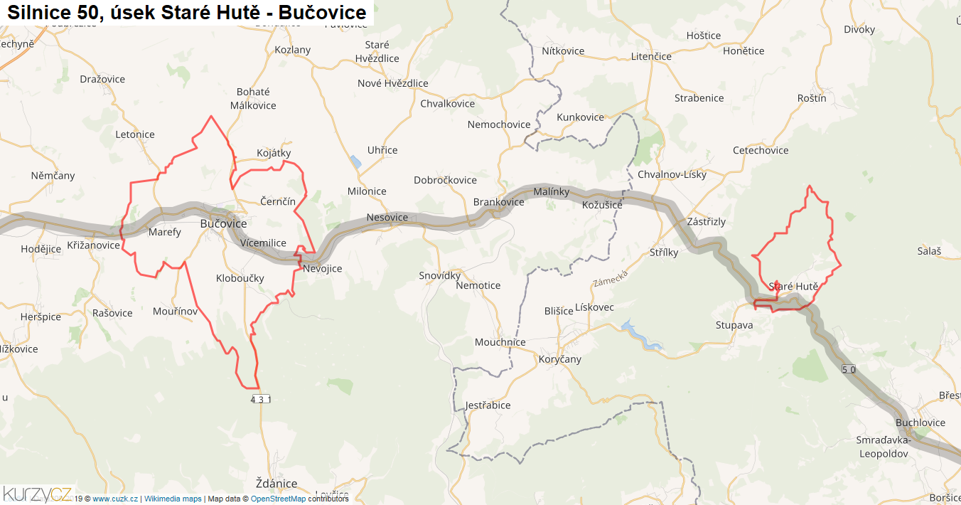 Úsek Staré Hutě - Bučovice, Silnice 50 - Mapa