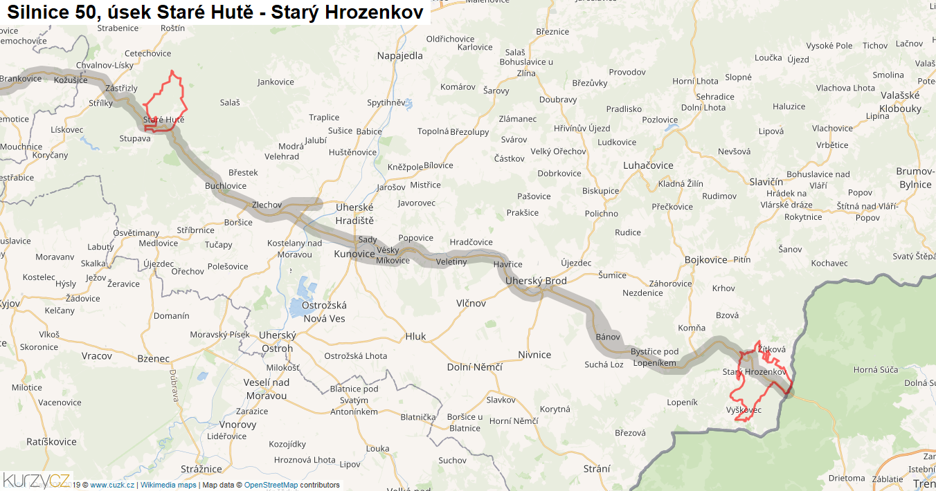 Úsek Staré Hutě - Starý Hrozenkov, Silnice 50 - Mapa