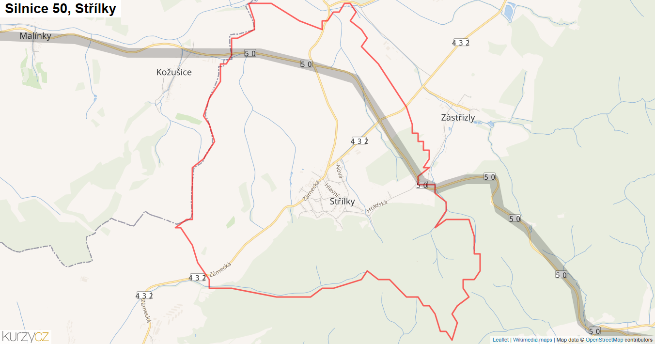 Střílky, Silnice 50 - Mapa