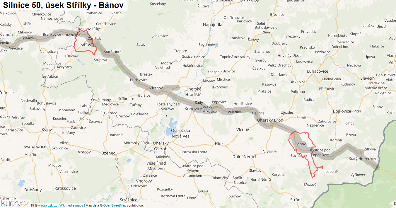 Úsek Střílky - Bánov, Silnice 50 - Mapa