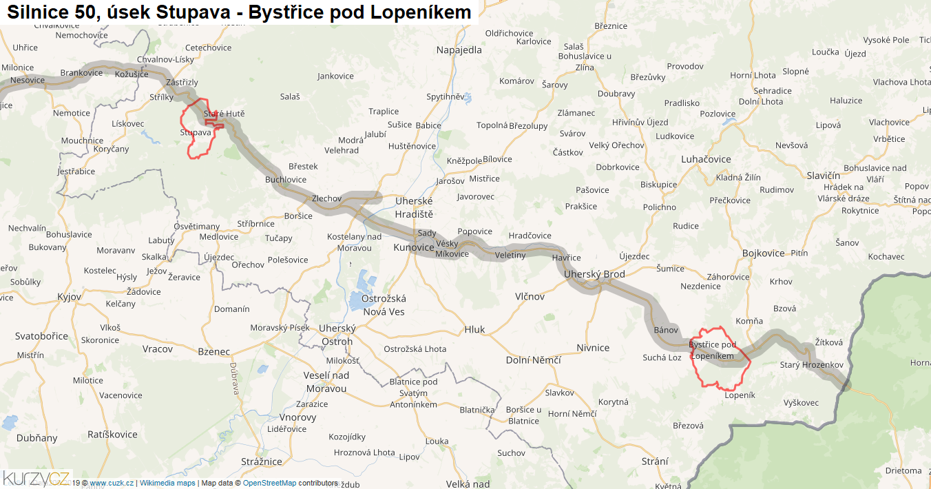 Úsek Stupava - Bystřice pod Lopeníkem, Silnice 50 - Mapa