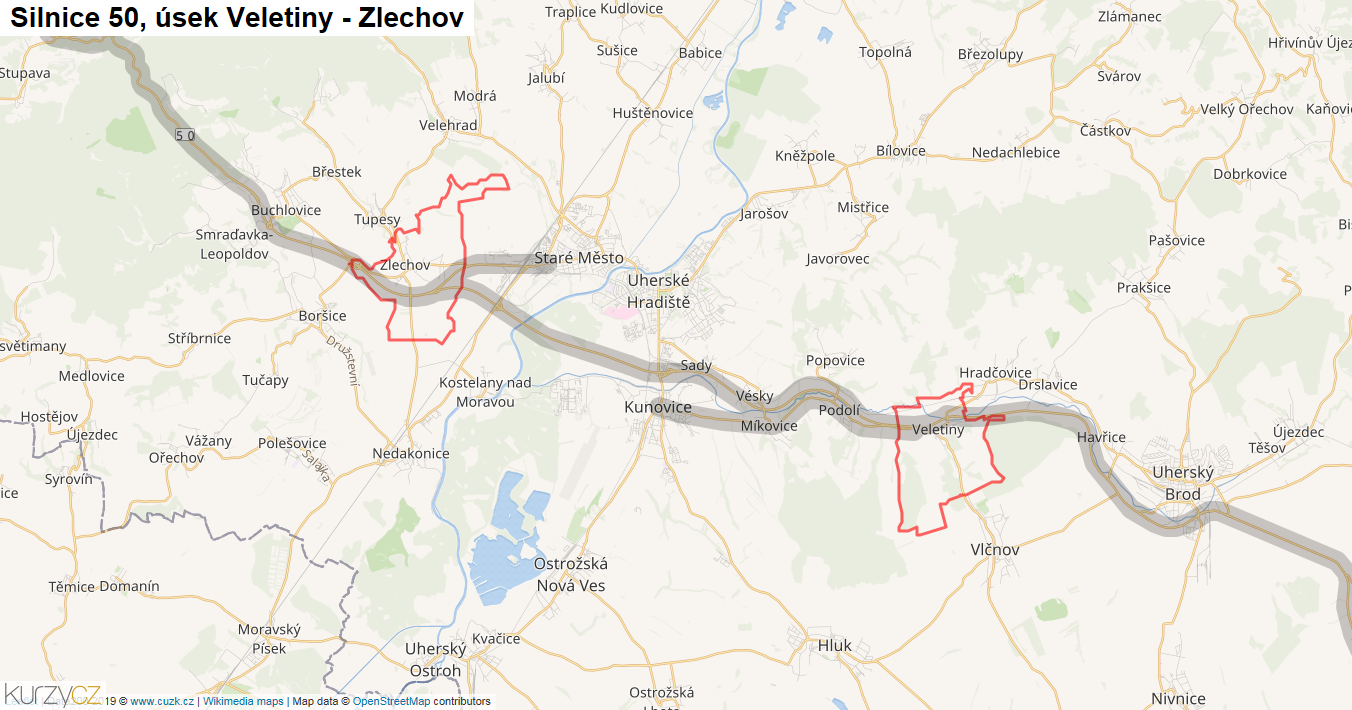 Úsek Veletiny - Zlechov, Silnice 50 - Mapa