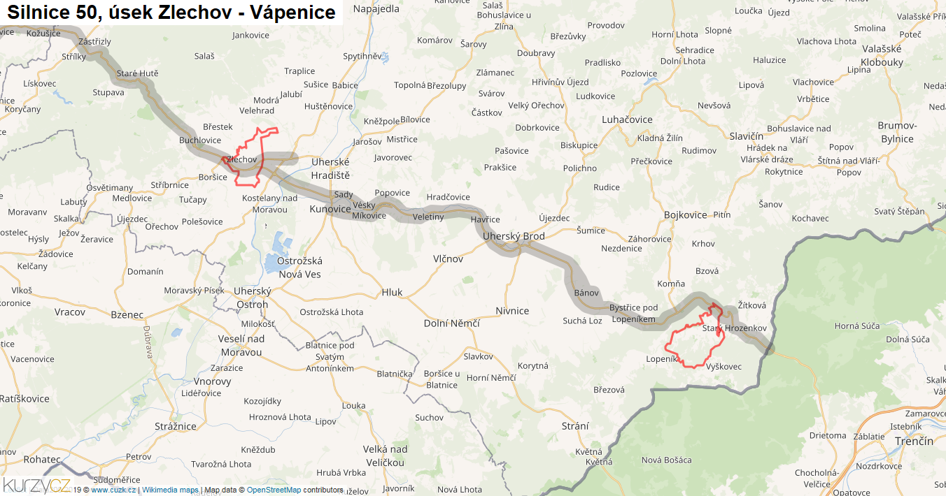 Úsek Zlechov - Vápenice, Silnice 50 - Mapa