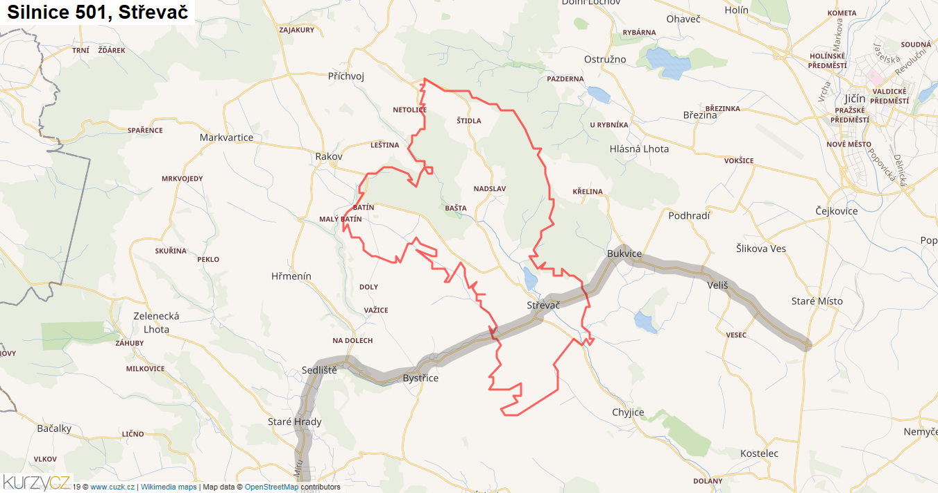 Střevač, Silnice 501 - Mapa