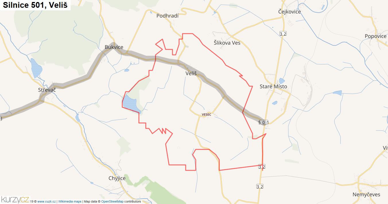 Veliš, Silnice 501 - Mapa