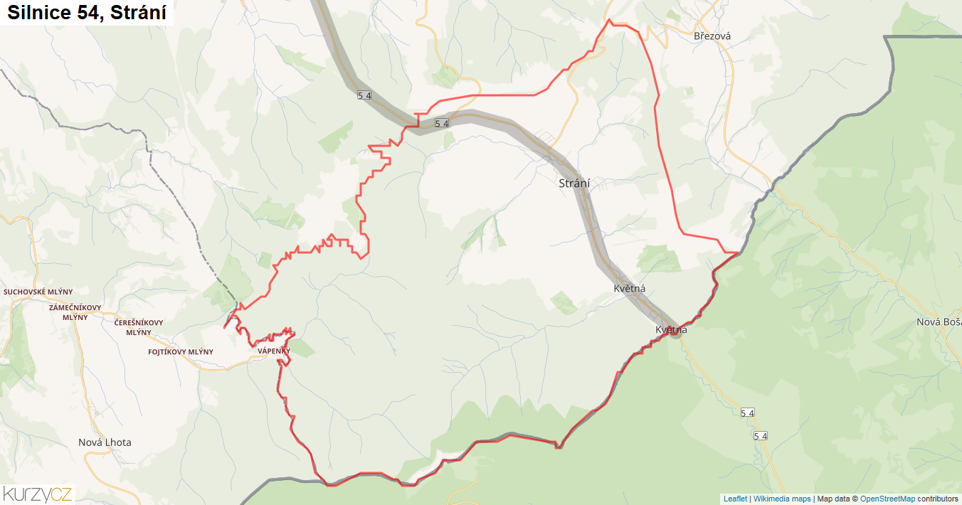 Strání, Silnice 54 - Mapa