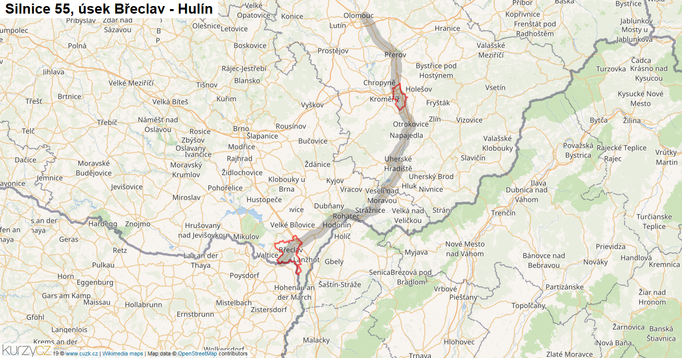 Úsek Břeclav - Hulín, Silnice 55 - Mapa