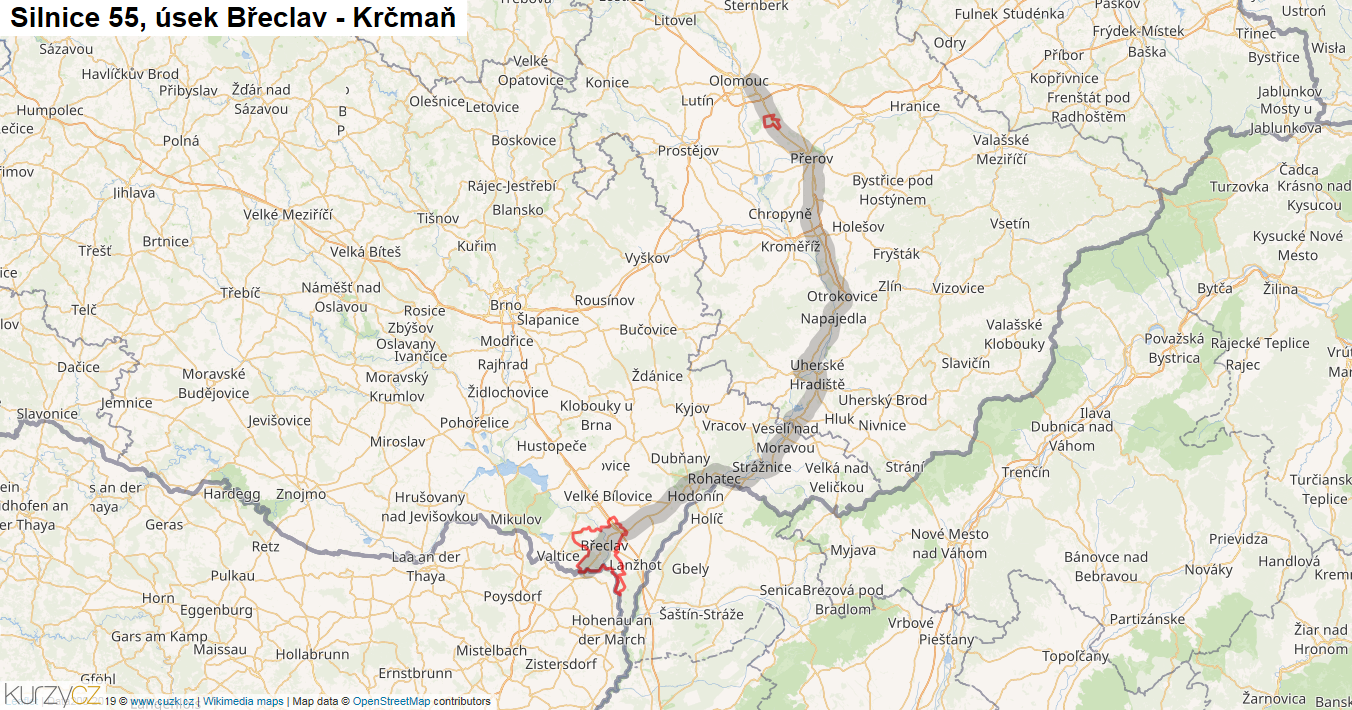 Úsek Břeclav - Krčmaň, Silnice 55 - Mapa