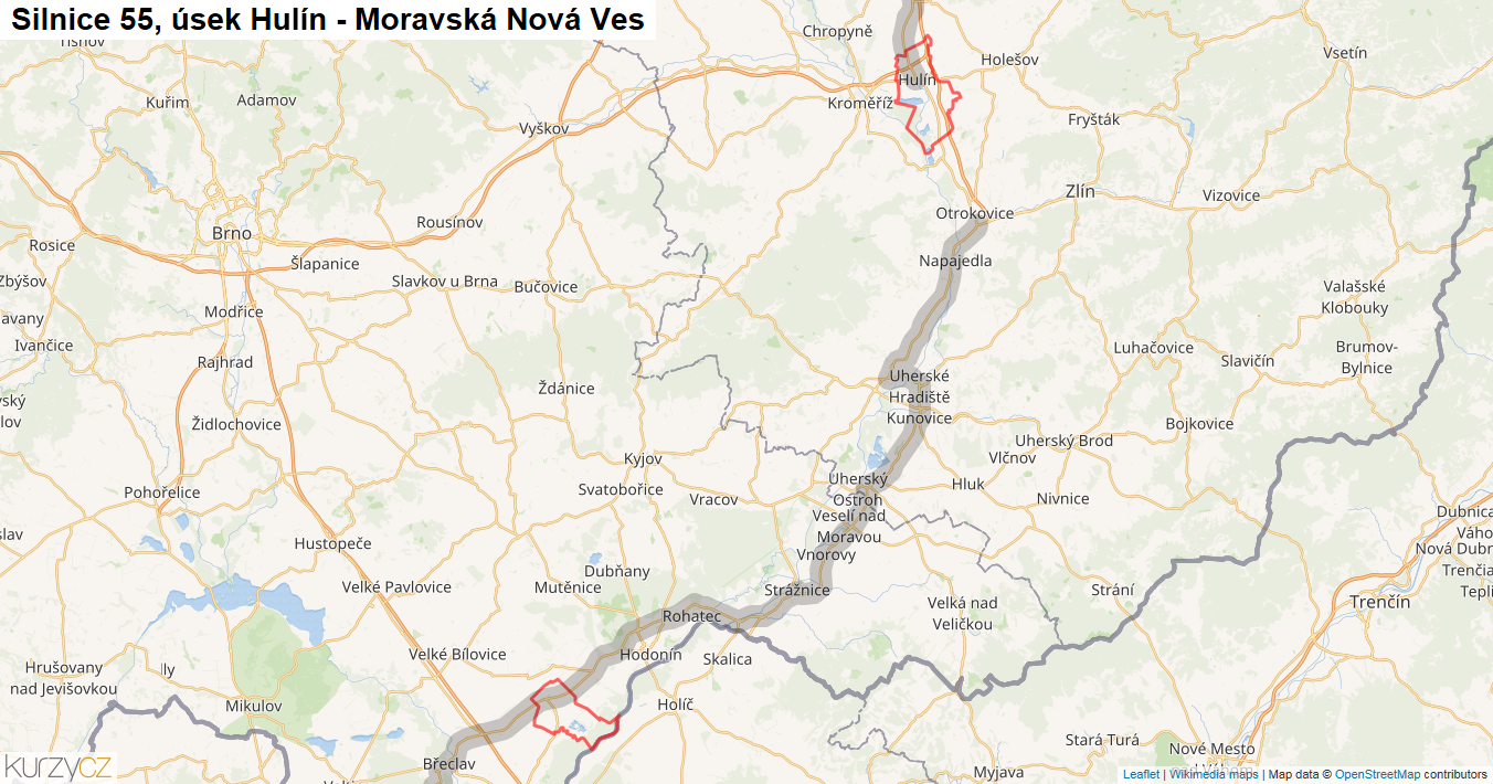 Úsek Hulín - Moravská Nová Ves, Silnice 55 - Mapa
