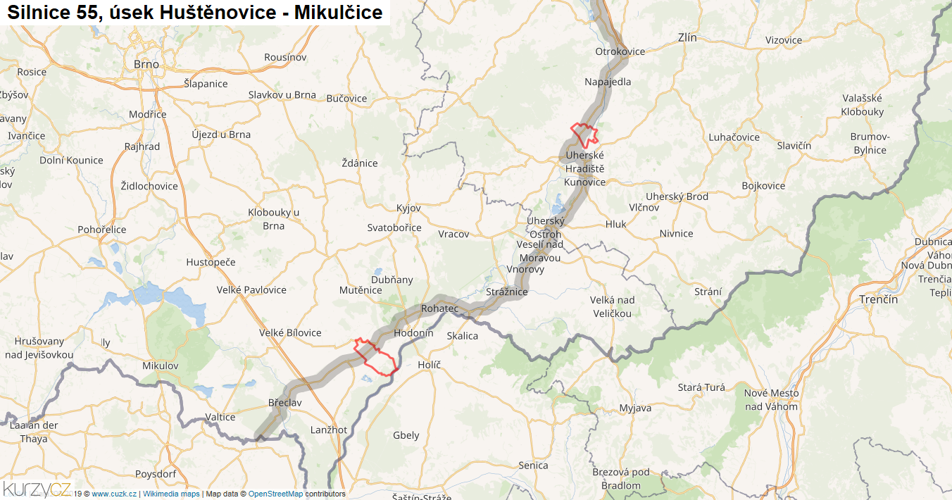 Úsek Huštěnovice - Mikulčice, Silnice 55 - Mapa