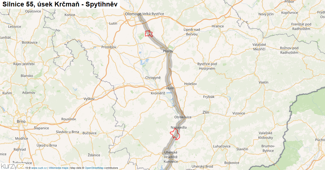Úsek Krčmaň - Spytihněv, Silnice 55 - Mapa