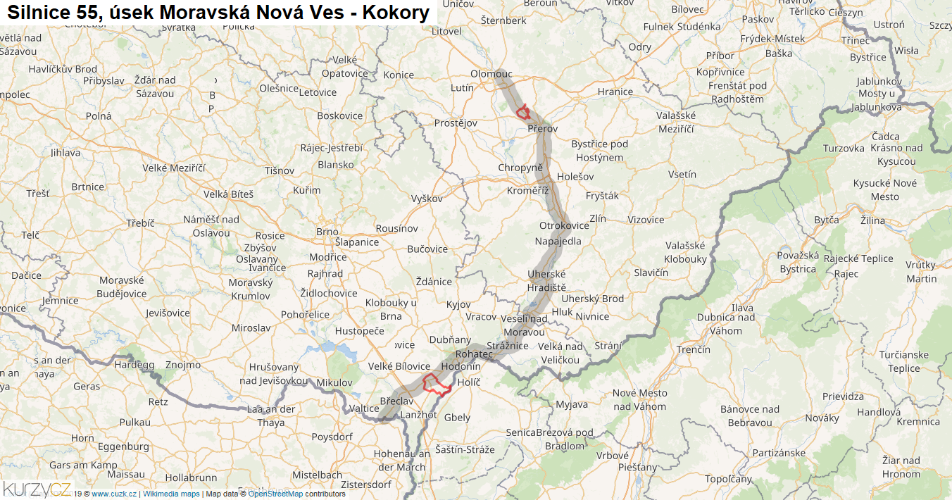 Úsek Moravská Nová Ves - Kokory, Silnice 55 - Mapa
