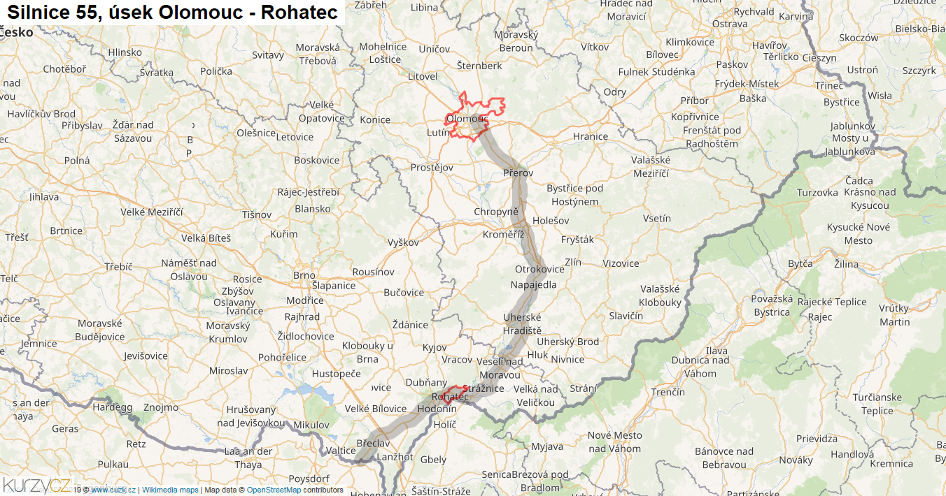 Úsek Olomouc - Rohatec, Silnice 55 - Mapa