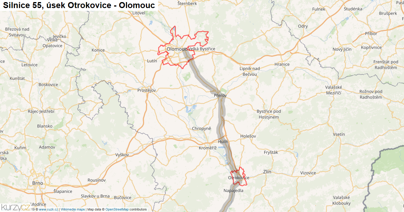 Úsek Otrokovice - Olomouc, Silnice 55 - Mapa