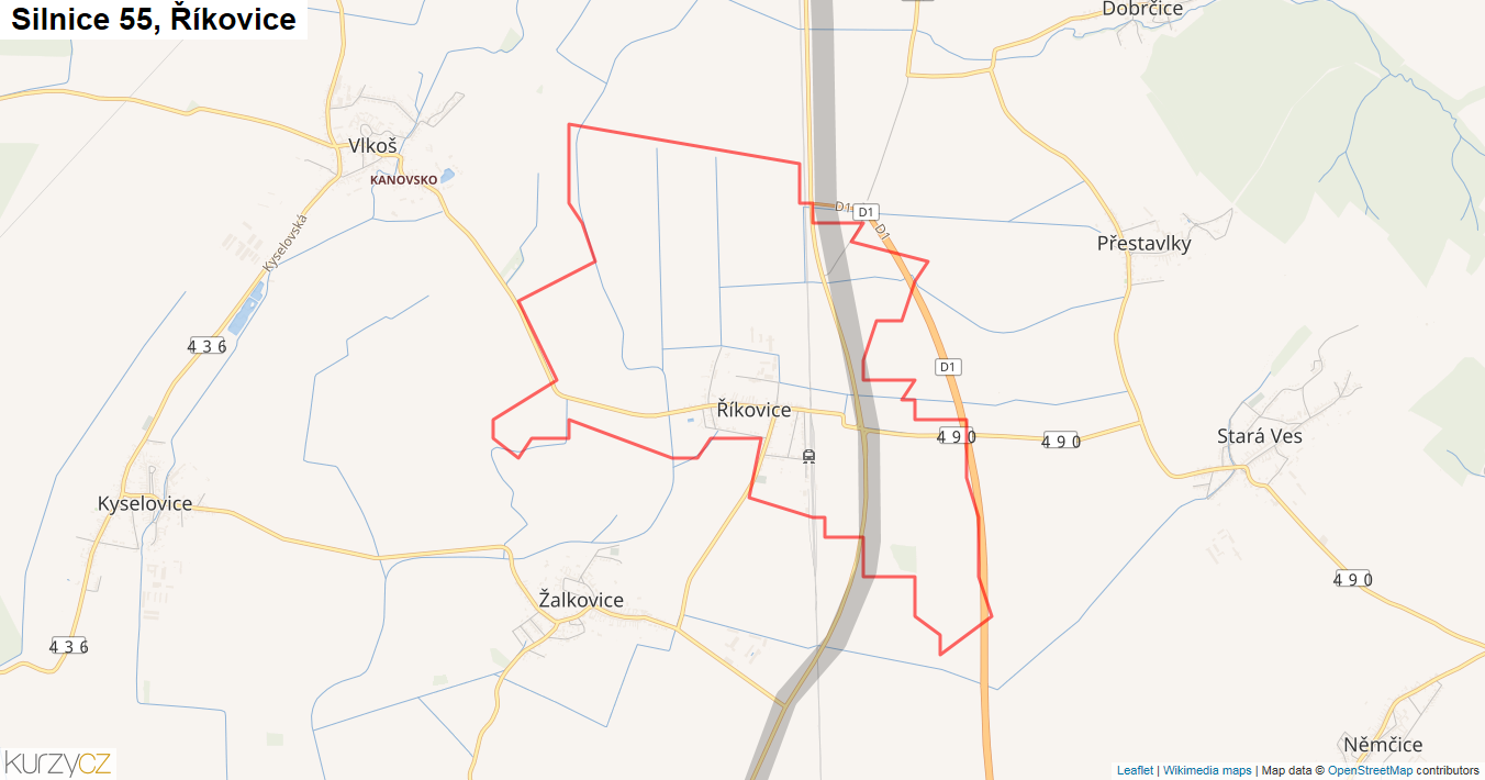 Říkovice, Silnice 55 - Mapa