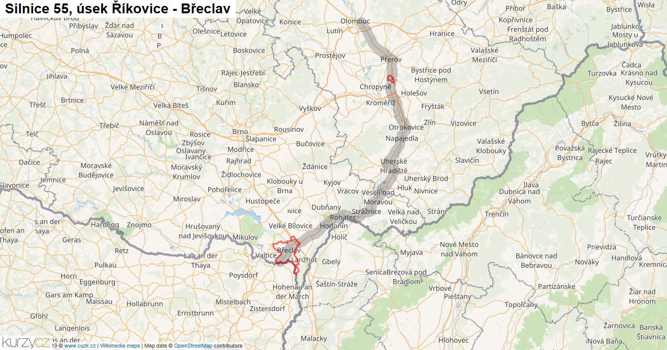 Úsek Říkovice - Břeclav, Silnice 55 - Mapa