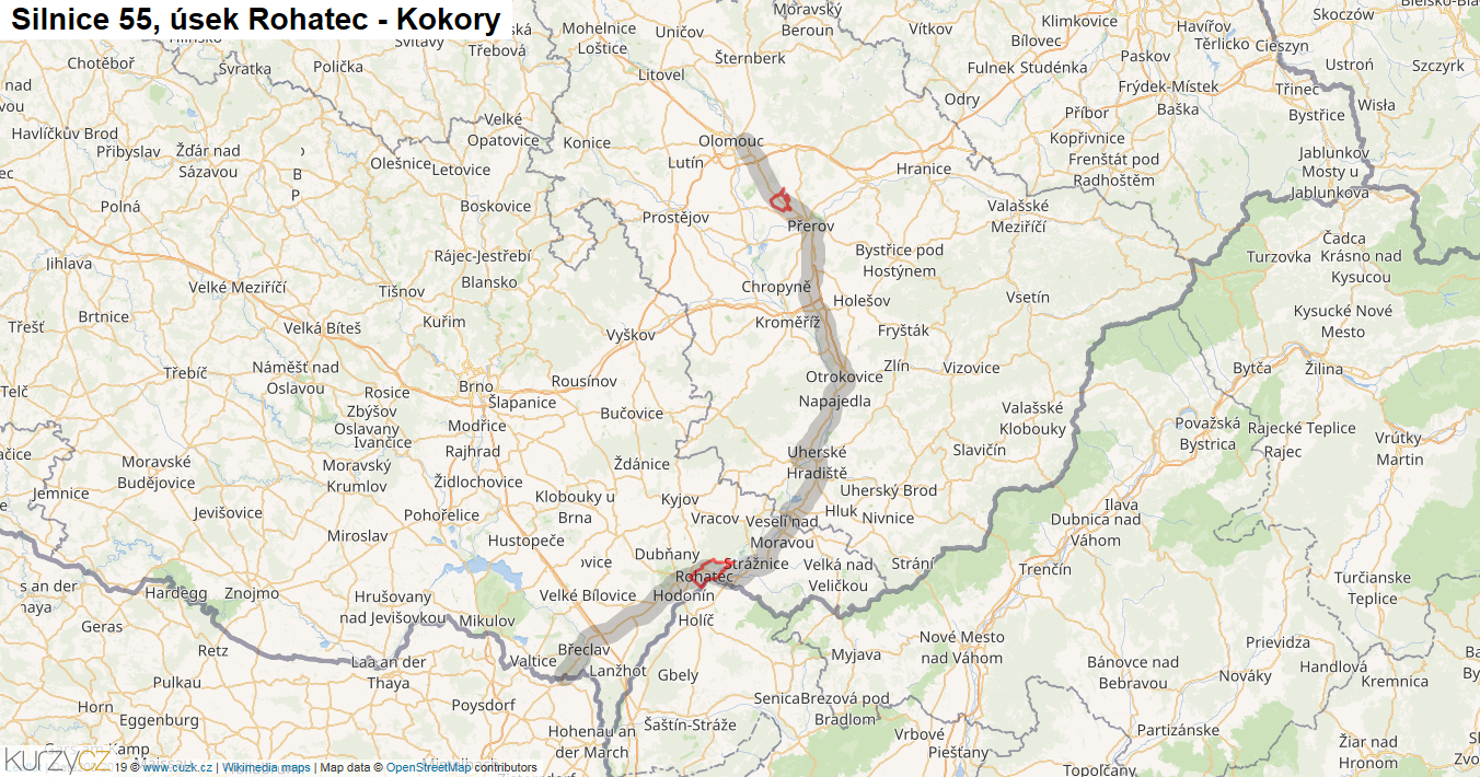 Úsek Rohatec - Kokory, Silnice 55 - Mapa