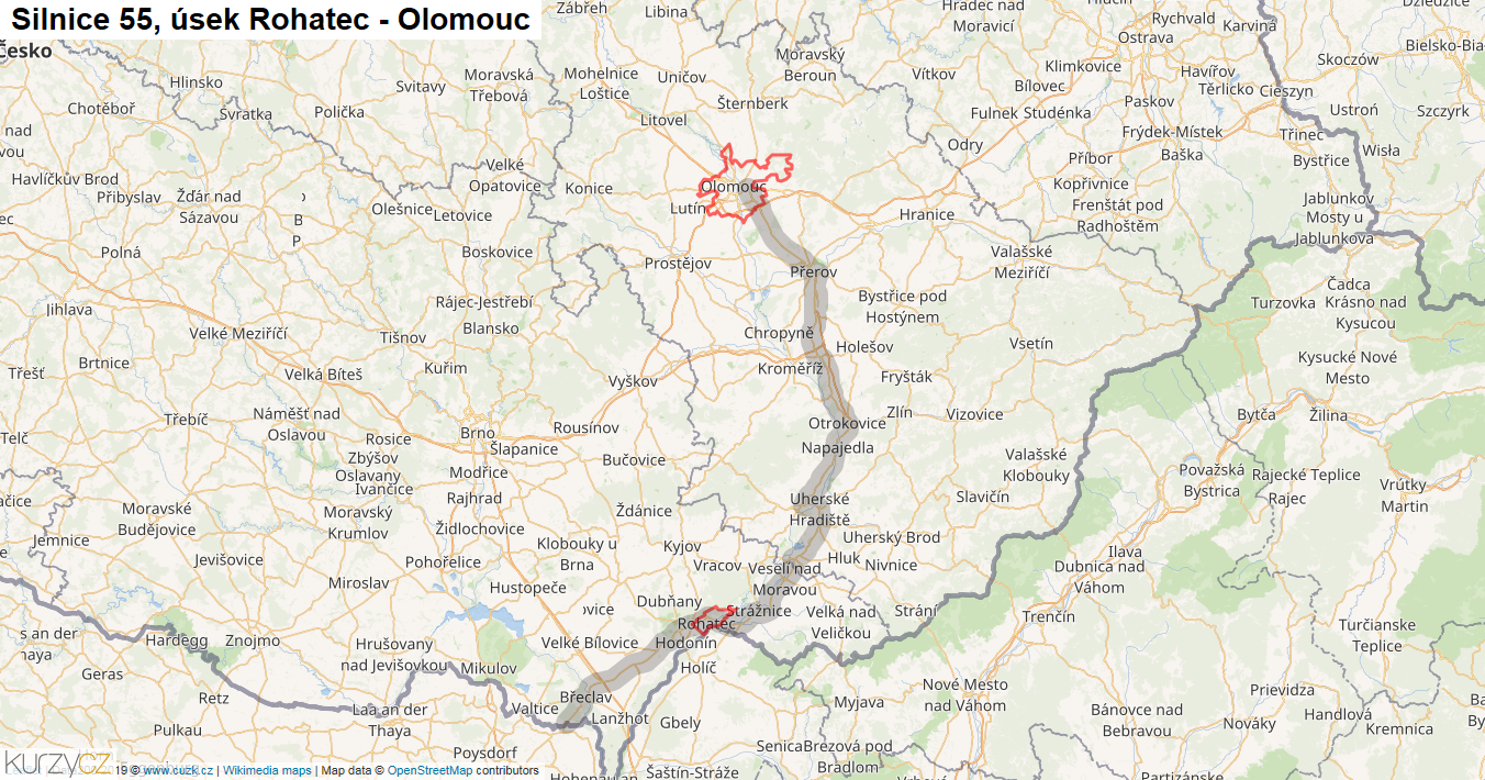 Úsek Rohatec - Olomouc, Silnice 55 - Mapa