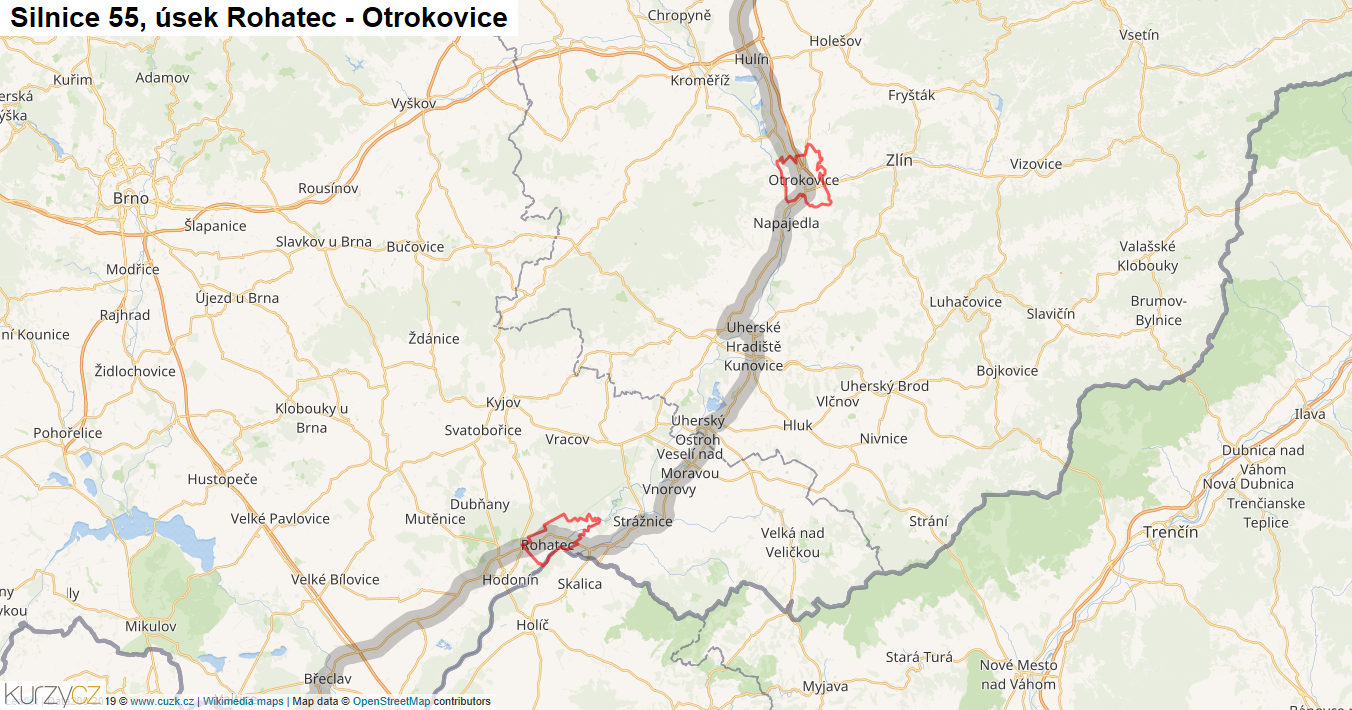Úsek Rohatec - Otrokovice, Silnice 55 - Mapa