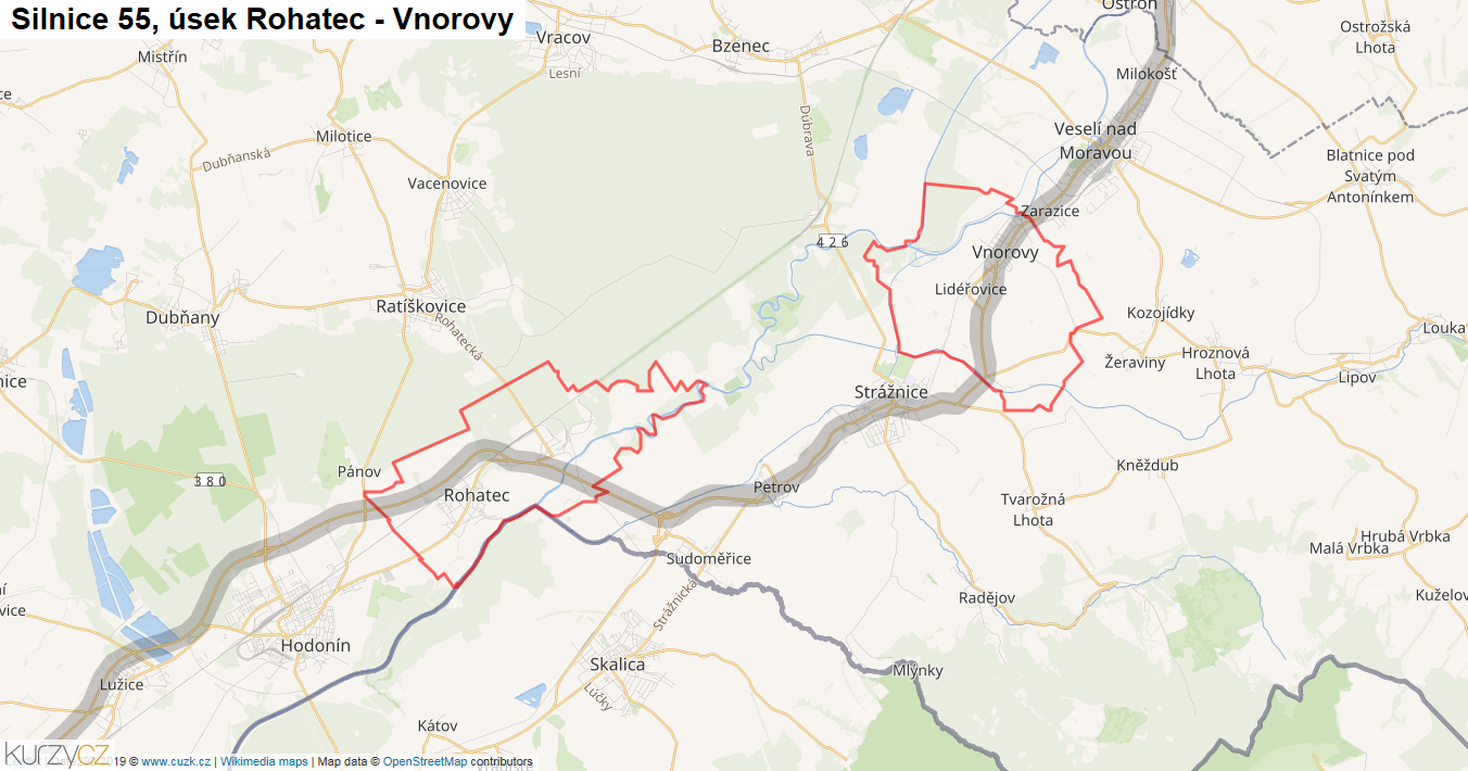 Úsek Rohatec - Vnorovy, Silnice 55 - Mapa