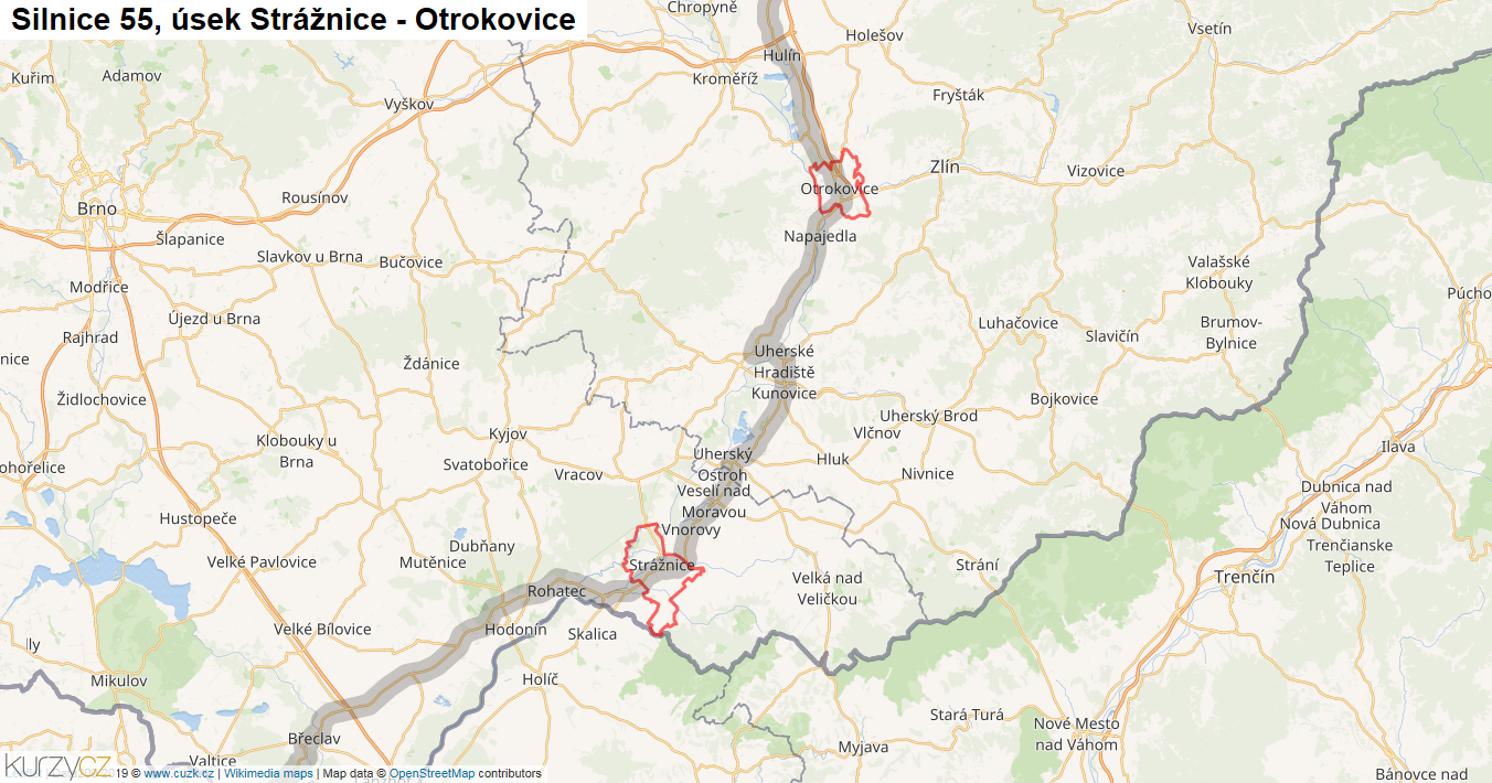 Úsek Strážnice - Otrokovice, Silnice 55 - Mapa