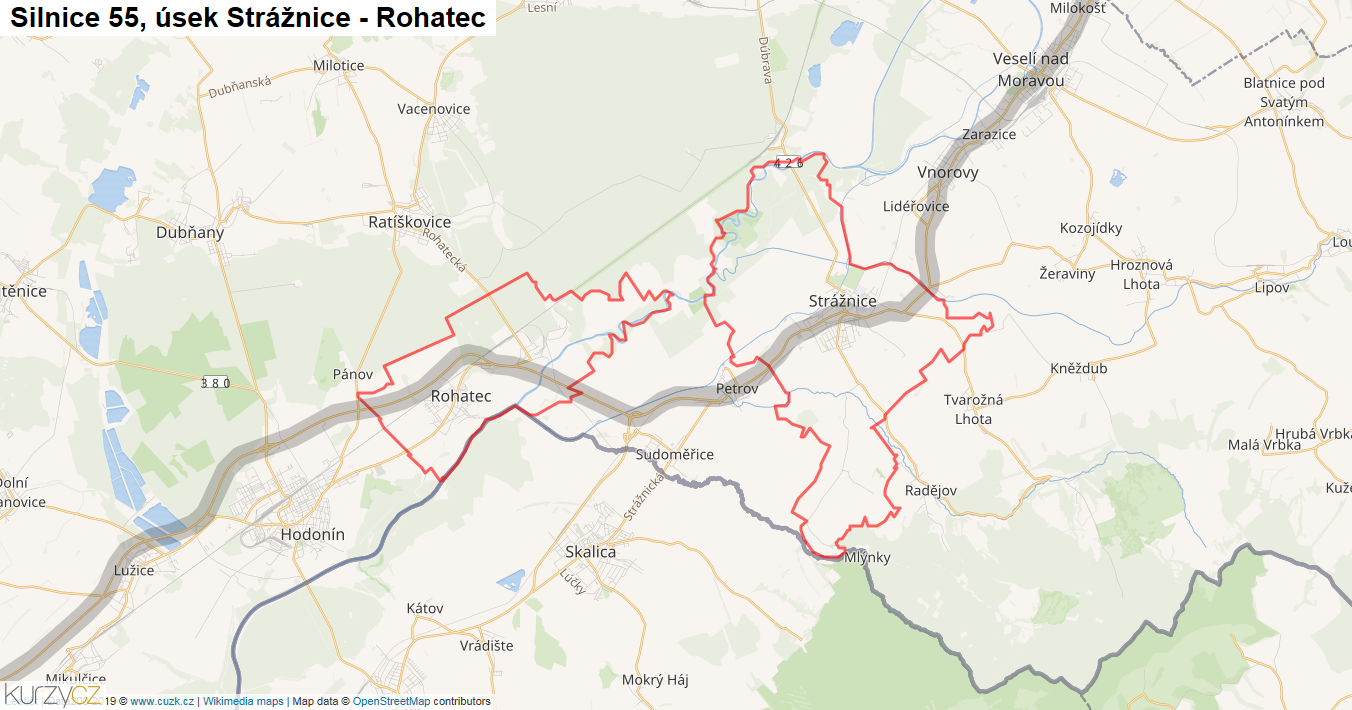Úsek Strážnice - Rohatec, Silnice 55 - Mapa
