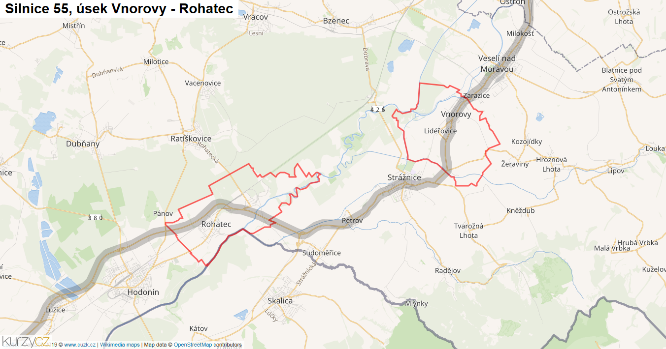 Úsek Vnorovy - Rohatec, Silnice 55 - Mapa