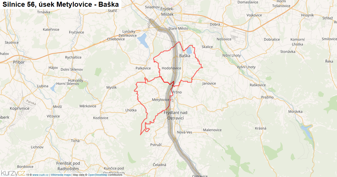 Úsek Metylovice - Baška, Silnice 56 - Mapa