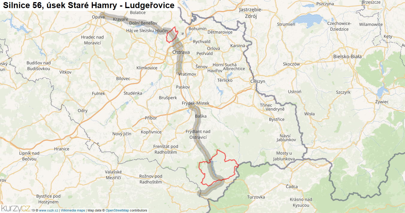 Úsek Staré Hamry - Ludgeřovice, Silnice 56 - Mapa