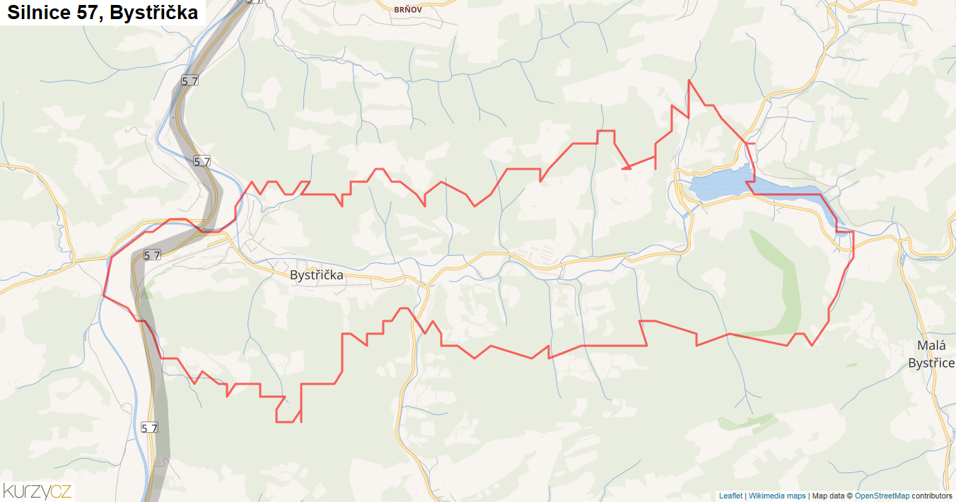 Bystřička, Silnice 57 - Mapa