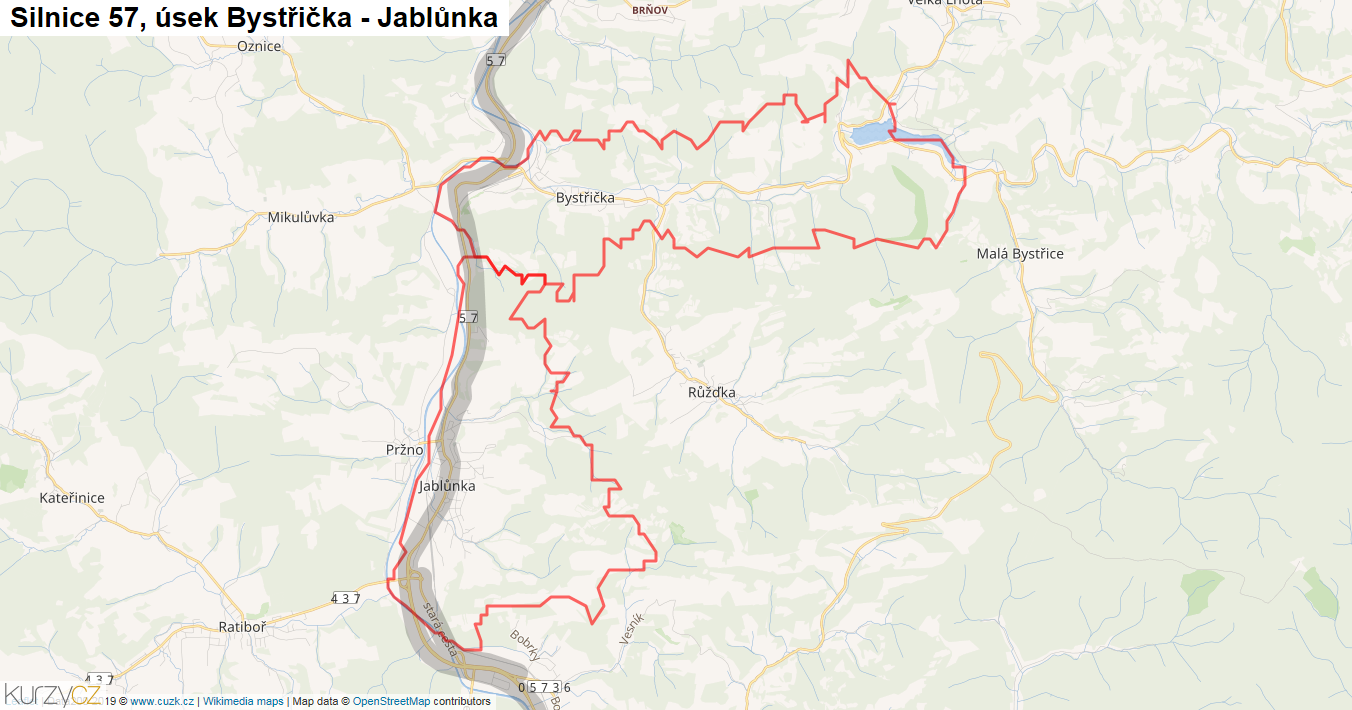 Úsek Bystřička - Jablůnka, Silnice 57 - Mapa