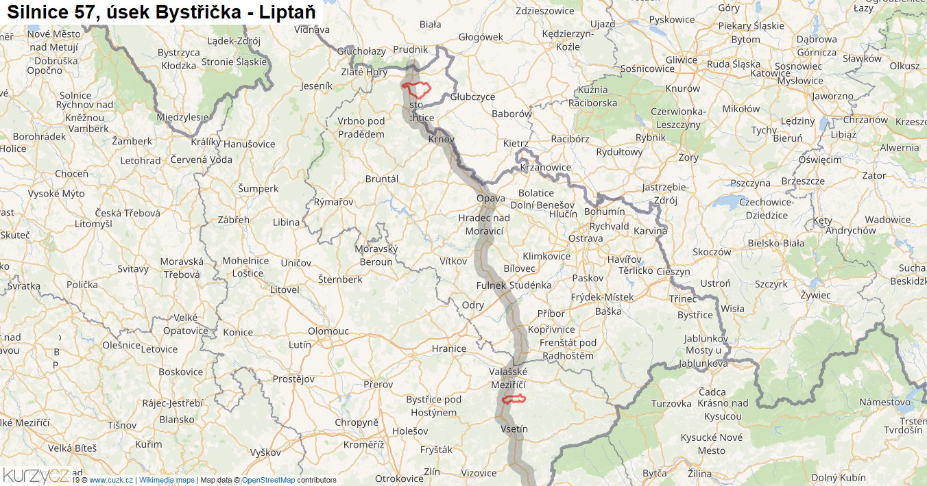 Úsek Bystřička - Liptaň, Silnice 57 - Mapa