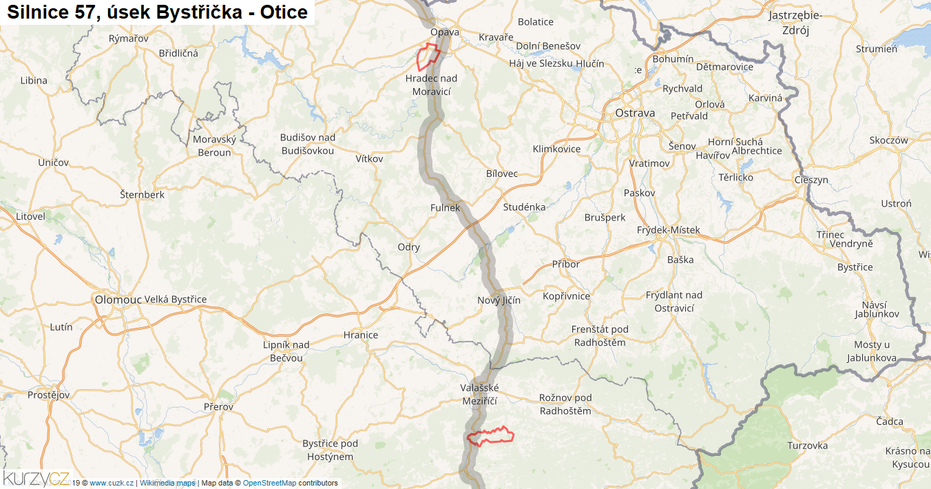Úsek Bystřička - Otice, Silnice 57 - Mapa