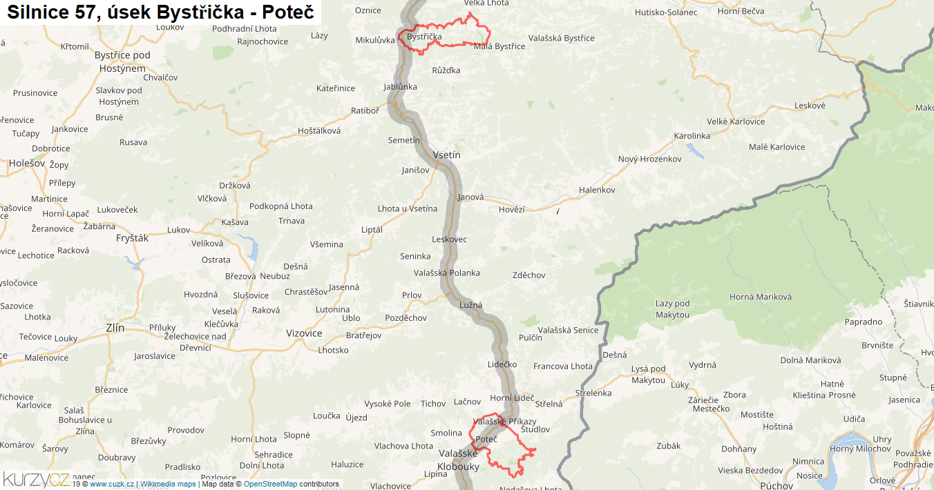 Úsek Bystřička - Poteč, Silnice 57 - Mapa