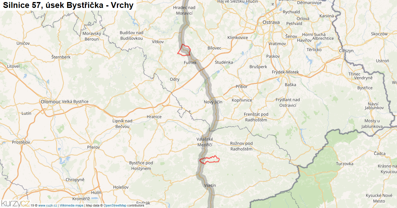 Úsek Bystřička - Vrchy, Silnice 57 - Mapa