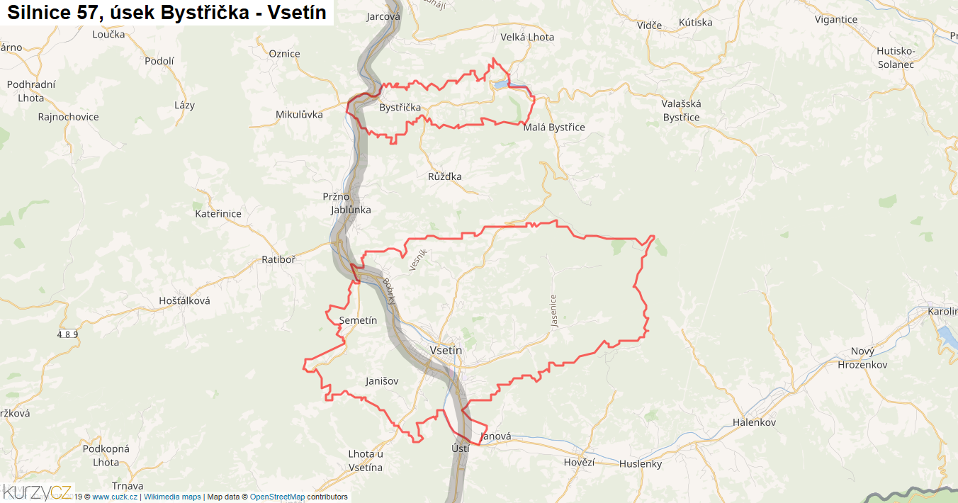 Úsek Bystřička - Vsetín, Silnice 57 - Mapa
