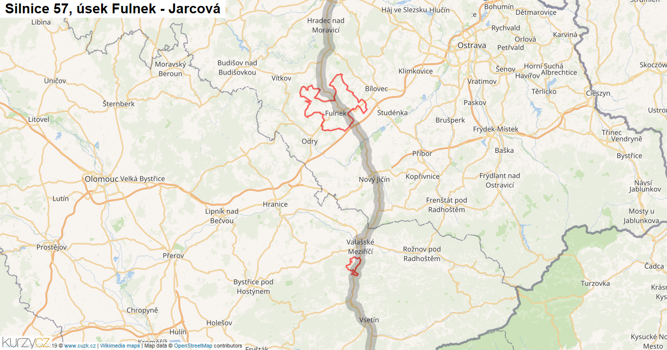 Úsek Fulnek - Jarcová, Silnice 57 - Mapa