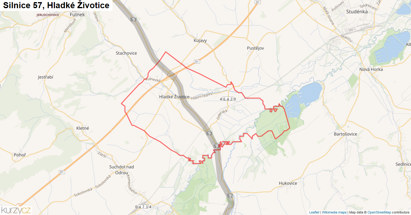 Hladké Životice, Silnice 57 - Mapa
