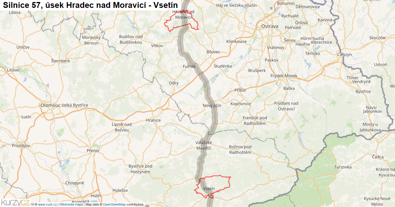 Úsek Hradec nad Moravicí - Vsetín, Silnice 57 - Mapa