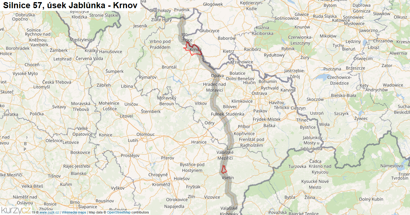 Úsek Jablůnka - Krnov, Silnice 57 - Mapa
