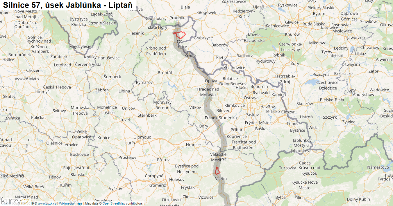 Úsek Jablůnka - Liptaň, Silnice 57 - Mapa
