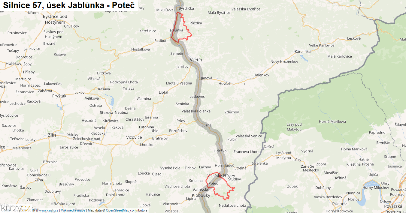 Úsek Jablůnka - Poteč, Silnice 57 - Mapa